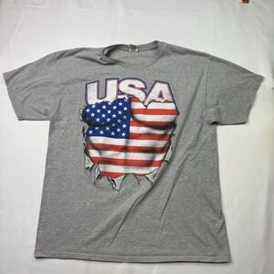 USA Spirit of America Flag Muscle Rip Chest Men's T-Shirt Gray Grey Sz XL